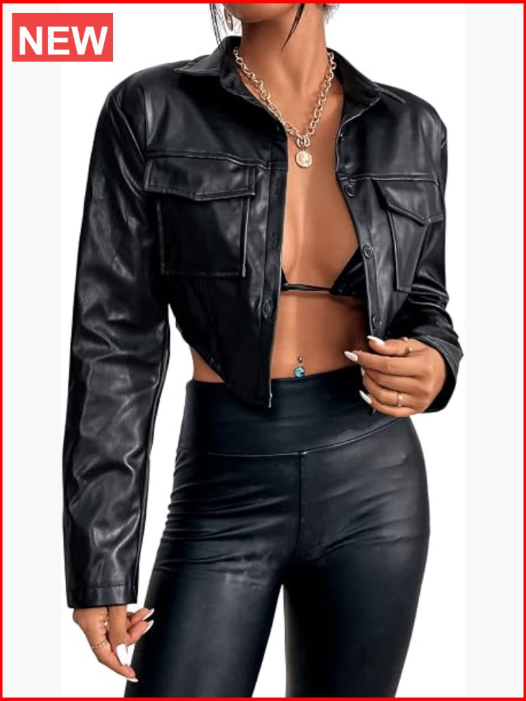 Pu Leather Cropped Coat Casual Button Front Jacket With Bust Pocket
